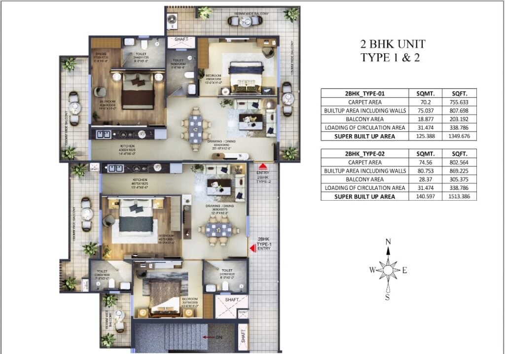 2 BHK Type 1 and Type 2 apartment floor plan with area details at ArtTech The Story House